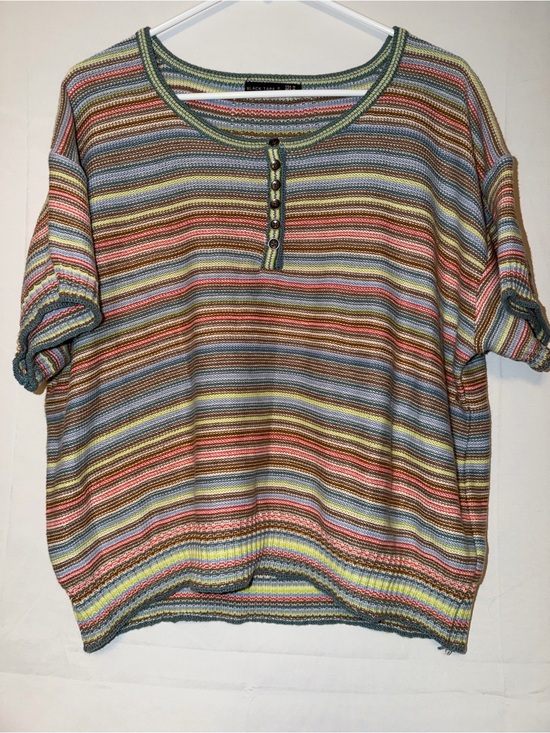 Black Tape Tops - Striped Multicolor Knit Henley Sweater Top